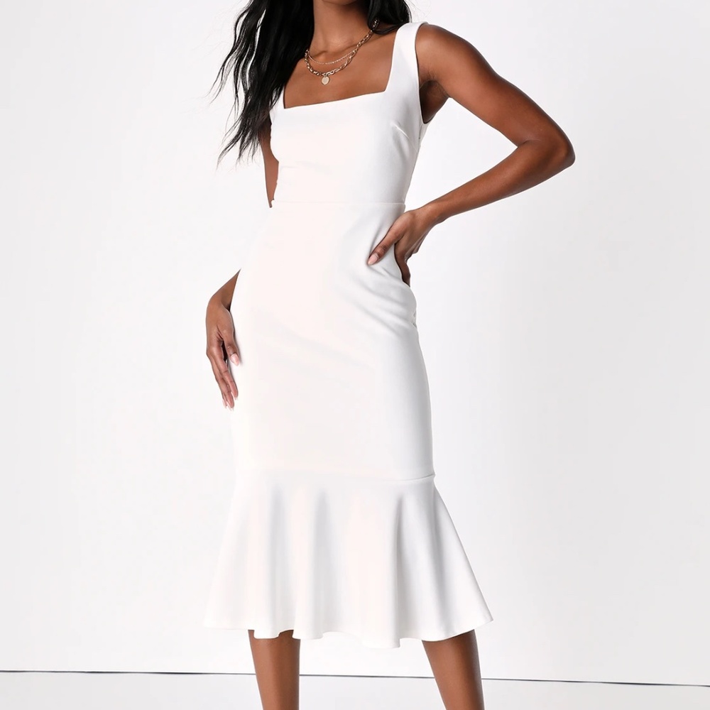 Moment Maker White Square Neck Trumpet Midi Dress